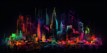 ai generated  Illustration night city landscape concept. neon Light glowing on dark sceneの素材