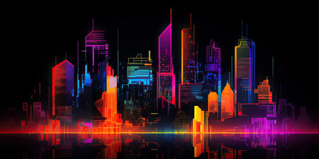 ai generated  Illustration night city landscape concept. neon Light glowing on dark sceneの素材