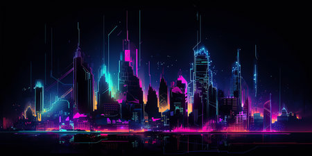 ai generated  Illustration night city landscape concept. neon Light glowing on dark sceneの素材