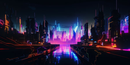 ai generated  Illustration night city landscape concept. neon Light glowing on dark sceneの素材