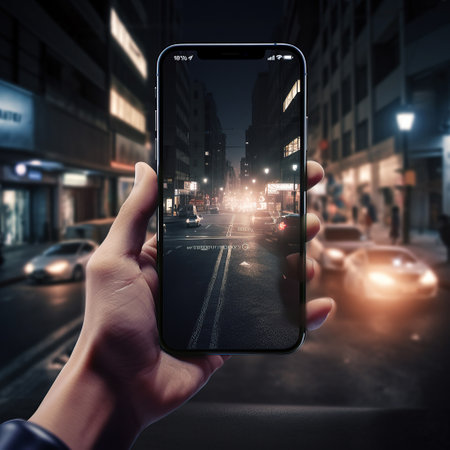 ai generated illustration Hand holding a mobile phone on a record night street sceneの素材