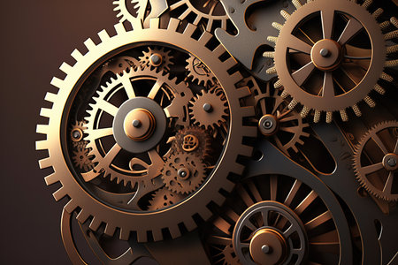 ai generated illustration Gold gear wheels of clockwork in dark surface.の素材