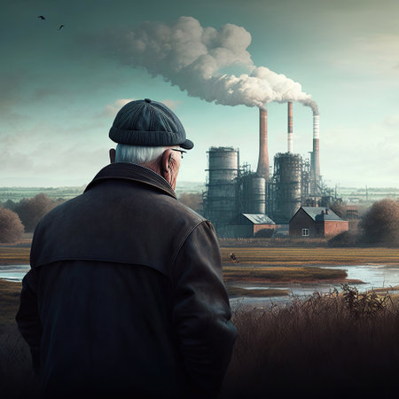 ai generated  Illustration rear view of lonely senior looking at contamination industryの素材