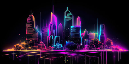 ai generated  Illustration night city landscape concept. neon Light glowing on dark sceneの素材