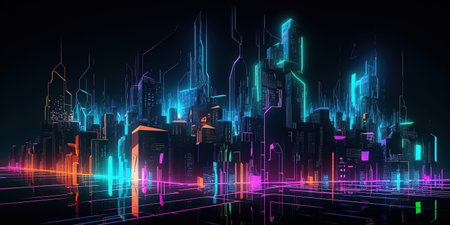 ai generated  Illustration night city landscape concept. neon Light glowing on dark sceneの素材