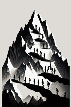 ai generated  Illustration group of people hiking up a mountainの素材