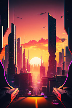 ai generated  Illustration A futuristic cityscape with a sunset in the background with neonの素材
