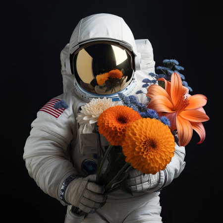 ai generated  Illustration of astronaut holding bouquet of flowersの素材