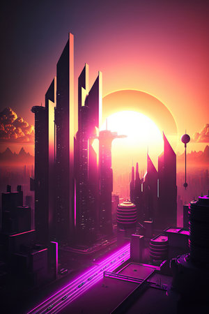 ai generated  Illustration A futuristic cityscape with a sunset in the background with neonの素材