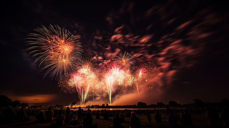ai generated  Illustration Brightly Colorful Fireworks on twilight backgroundの素材