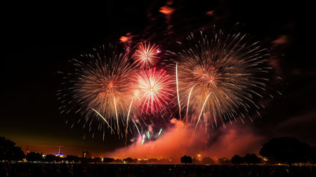 ai generated  Illustration Brightly Colorful Fireworks on twilight backgroundの素材