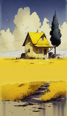 ai generated  Illustration yellow cottage, field with trees-watercolorの素材