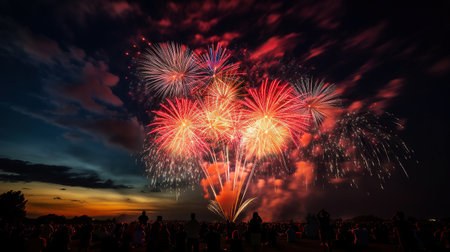 ai generated  Illustration Brightly Colorful Fireworks on twilight backgroundの素材