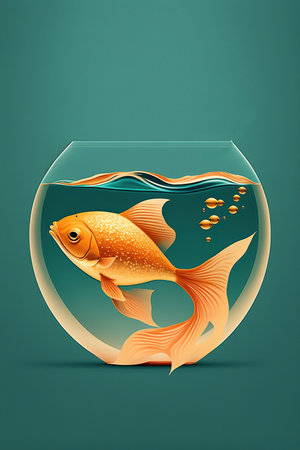 ai generated  Illustration Single goldfish swimming in round glass bowl aquariumの素材