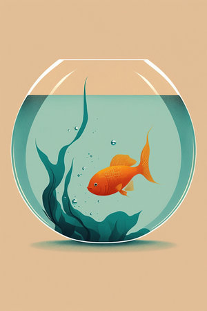 ai generated  Illustration Single goldfish swimming in round glass bowl aquariumの素材