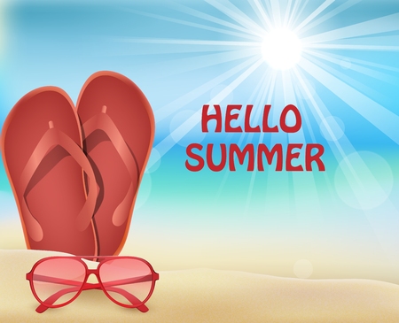 Hello Summer holiday background. Flipflop, sunglassesのイラスト素材