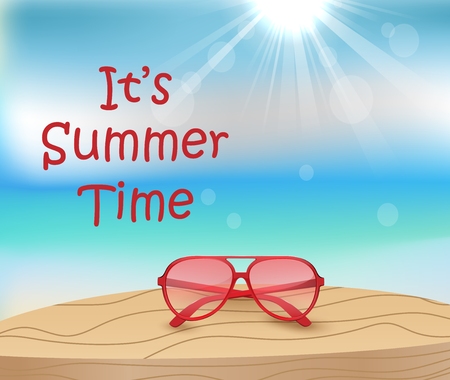 It's summer time. Sunglasses on wood table at the beachのイラスト素材