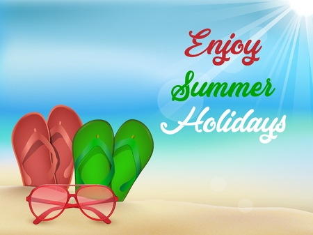 Summer beach holiday background. Flipflop, sunglassesのイラスト素材