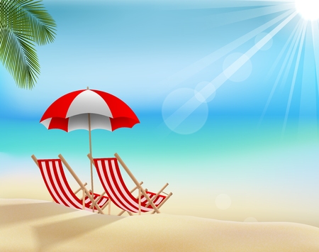 Summer beach holiday background with beach umbrella and chairのイラスト素材