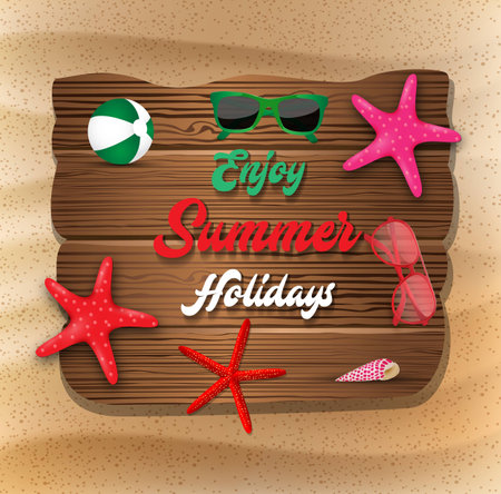 Enjoy Summer Holiday banner background. Beach ball, starfish, sunglasses, and coral on wood textureのイラスト素材