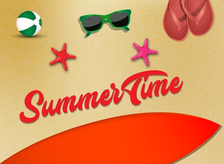 Summer time background. Top view on beach ball, flipflop, starfish, surfboard and sunglasses in the beach sandyのイラスト素材