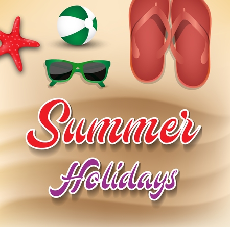 Summer Holiday background. Top view on beach ball, flipflop, starfish and sunglasses in the beach sandyのイラスト素材