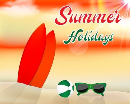 Summer beach background with surfboards, beach ball and sunglassesのイラスト素材