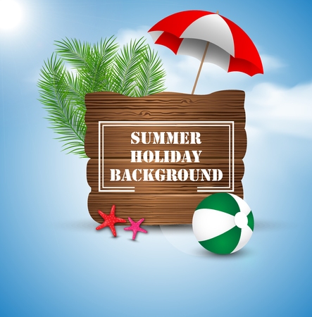 Summer Holiday on vintage wood background. Palm leaves, starfishes, beach ball and sunshadeのイラスト素材