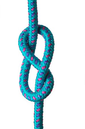 Figure of eight knot on a blue rope with pink and purple highlights, isolated on a white backgroundの写真素材