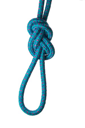 Figure of eight knot on a loop on a blue rope, isolated on a white backgroundの写真素材