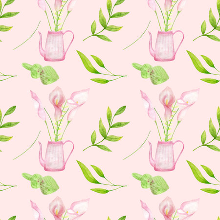 Watercolor calla lilies hand drawn seamless patternsの写真素材