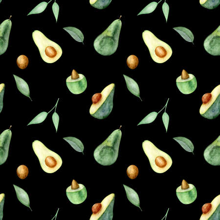 Watercolor seamless pattern exotic fruit avocado hand drawnの写真素材