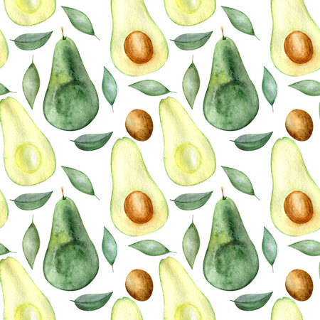 Watercolor seamless pattern fruit avocado hand drawn painting