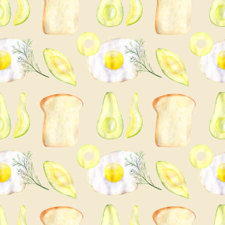 Watercolor seamless pattern breakfast fruit avocado hand drawn paintingの写真素材