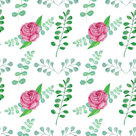Watercolor rose eucalyptus seamless pattern hand drawnの写真素材
