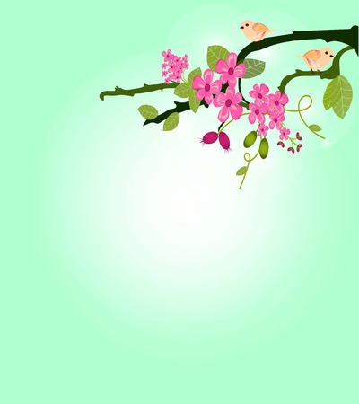 Background branches of pink flowers with birds.のイラスト素材
