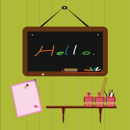 Blackboard hanging on green wall Accessories for writing and illustration.のイラスト素材