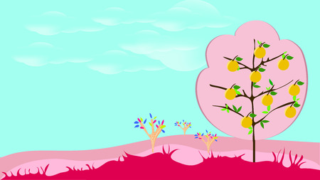 Funny Scenery background with clouds and grass. cartoon illustrationのイラスト素材