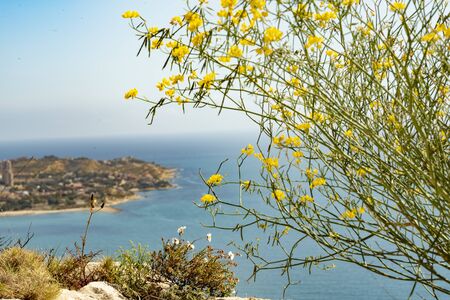 Panoramic shot of the beach of "La Albufereta" Alicante. View of the urbanizations, the beach with the Mediterranean Sea in the background.の写真素材