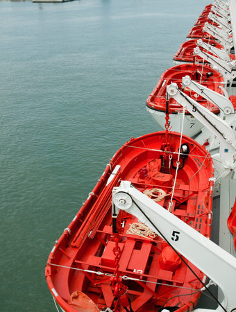 Lifeboats arranged on the ship in line and on the water