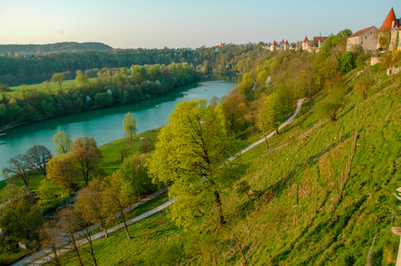 Panoramic view of Vltava river in Bavaria, Deusch Colorful autumn landscape with river, forest and mountains in the backgroundの写真素材