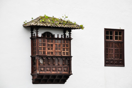 Wooden balcony and window shutter at Tenerife, Canary Islandsの写真素材