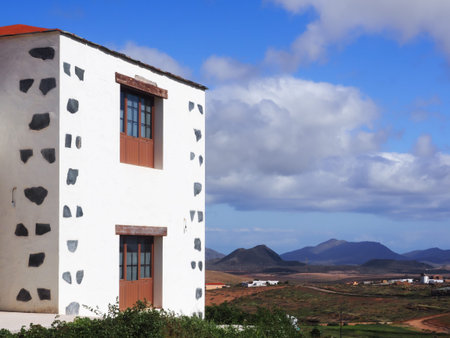 Landscape at Fuerteventura, Canary Islands, with typical building in the foreground