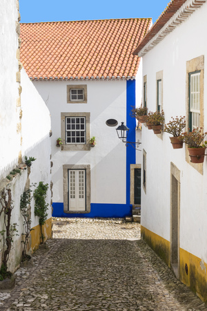 Picturesque street decorated with flowers in the historical center of Obidos, Portugalの写真素材