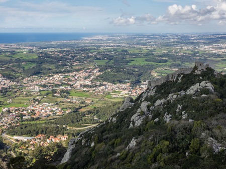 Aerial view of the ruin Castelo dos Mouros and the landscape near Sintra, Portugalのeditorial素材