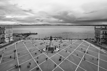Commercial Square of Lisbon, Portugal, seen from above, monochromeの写真素材