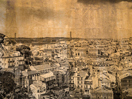 Postcard in vintage look with a aerial view of Lisbon, the capital of Portugalの写真素材