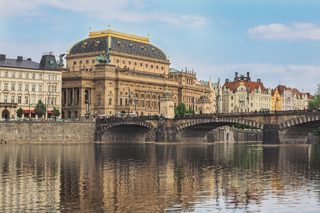 Cityscape of Prague with national theatre and river Vltavaの写真素材