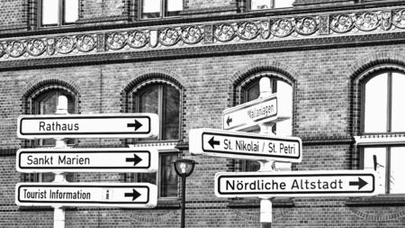 Signs to the points of interest of city Rostock, Germany, monochromeの写真素材