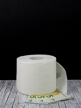 One roll of white toilet paper and three five euro notesの写真素材